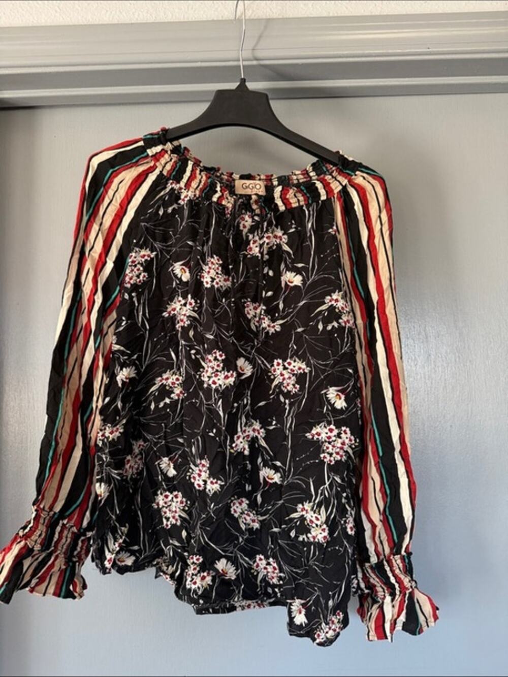 Gigio Plus Long Sleeve Peasant Top sz 1X Floral Striped Ruched Neck and Cuffs
